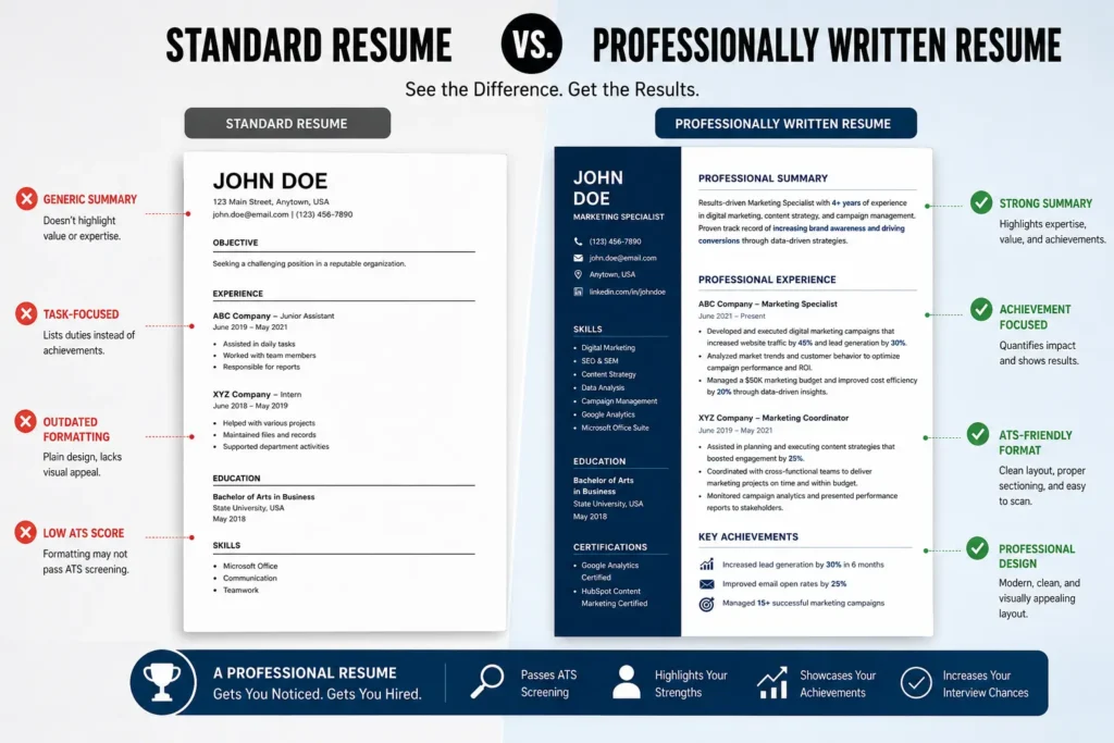 Difference between a standard resume and a professional resume with ATS-friendly formatting.
