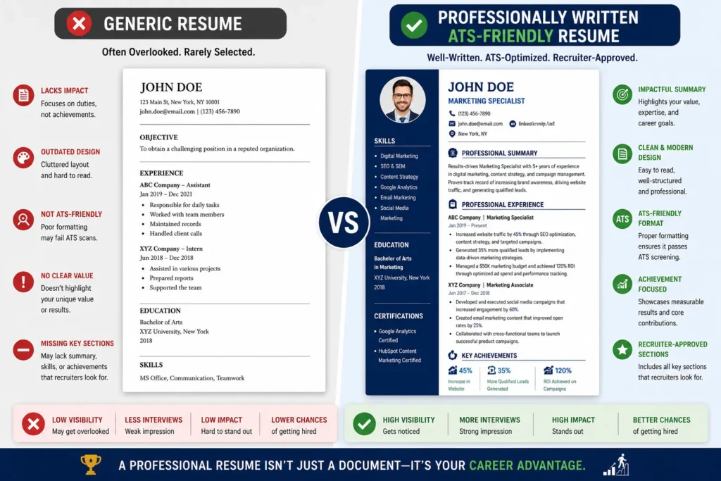 Professional Resume compared with a generic resume showing why resumes get rejected.
