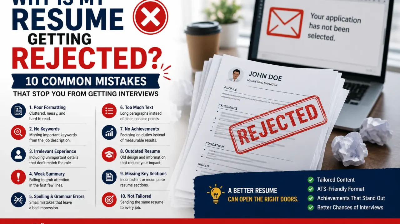 A recruiter reviews a stack of resumes at a desk while one resume marked with a rejection stamp stands out in the foreground. A laptop displays a job application rejection message, illustrating common resume mistakes that prevent candidates from getting interviews. The banner highlights the topic, "Why Is My Resume Getting Rejected? 10 Common Mistakes That Stop You from Getting Interviews," with visual elements representing ATS optimization, resume improvement, and job search success.