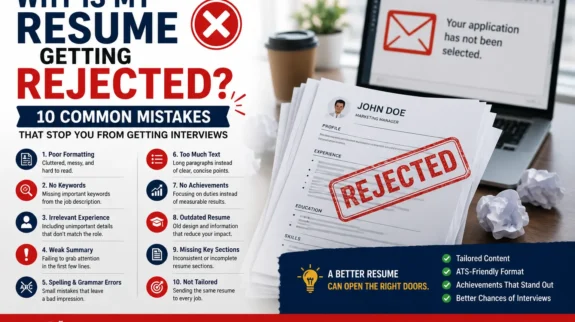A recruiter reviews a stack of resumes at a desk while one resume marked with a rejection stamp stands out in the foreground. A laptop displays a job application rejection message, illustrating common resume mistakes that prevent candidates from getting interviews. The banner highlights the topic, "Why Is My Resume Getting Rejected? 10 Common Mistakes That Stop You from Getting Interviews," with visual elements representing ATS optimization, resume improvement, and job search success.