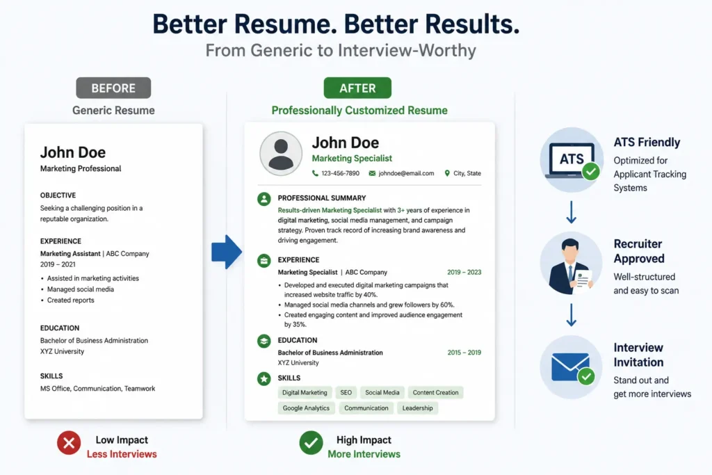 Resume Writing Services customizing a resume to improve ATS performance and interview opportunities.