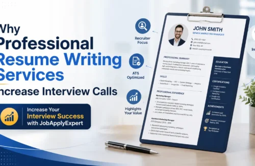 Professional Resume Writing Services banner featuring an ATS-optimized resume, recruiter hiring concept, and JobApplyExpert call-to-action to help job seekers increase interview calls and career opportunities.