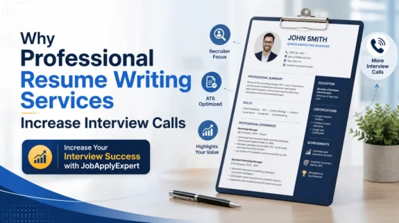 Professional Resume Writing Services banner featuring an ATS-optimized resume, recruiter hiring concept, and JobApplyExpert call-to-action to help job seekers increase interview calls and career opportunities.