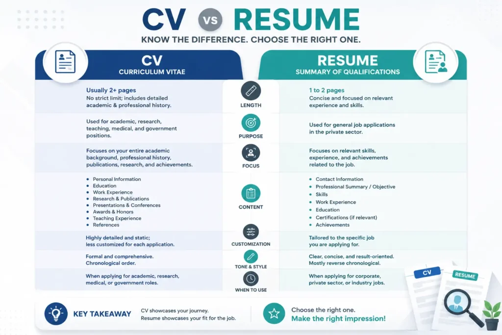CV vs Resume comparison infographic showing the differences between a curriculum vitae and a resume.