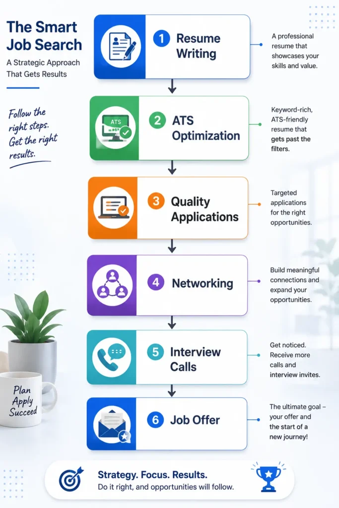 Successful job search strategy using professional resume writing and networking.