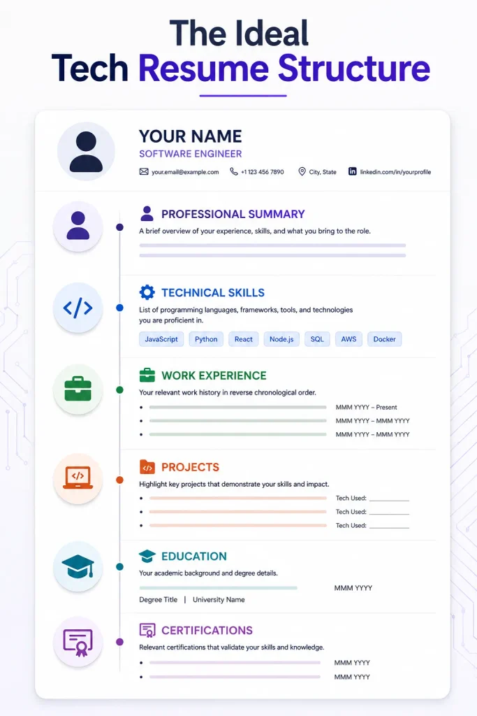 Tech Resume structure with skills experience projects and certifications
